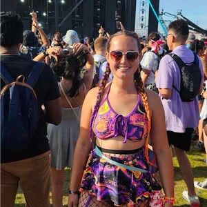 Vibrant Neon Purple & Orange Rave Set - Crop Top & Skirt and garter booty shorts